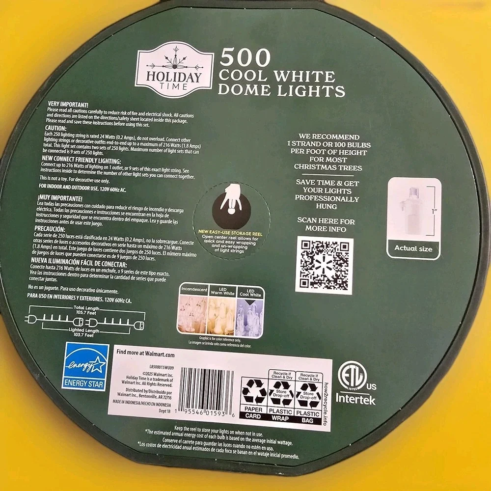 Holiday Time 500 Count Cool White Dome LED Christmas Lights WHITE Wire 103.7 FT